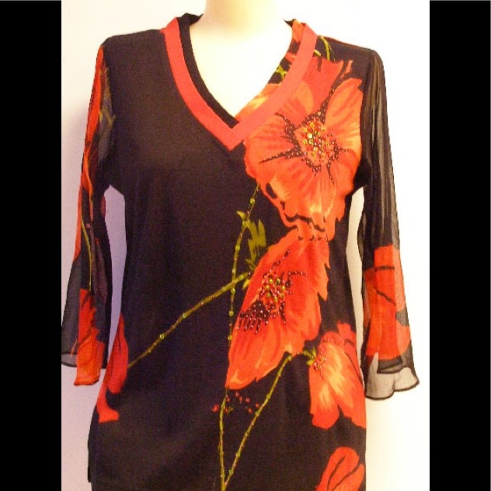 S or M Red black top shirt sheer chiffon sleeves